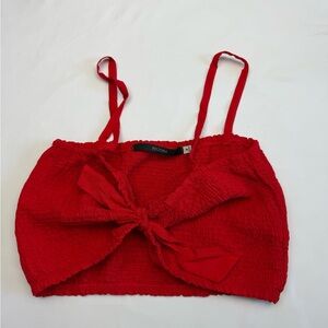 Youcom Red Smocked Tie Front Crop Top Spaghetti Strap Size Medium